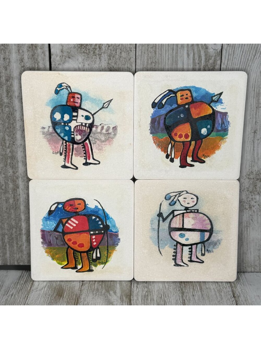 Vintage Hand-Painted Stone / Ceramic Coasters Hopi Kachina Mbala Set of 4